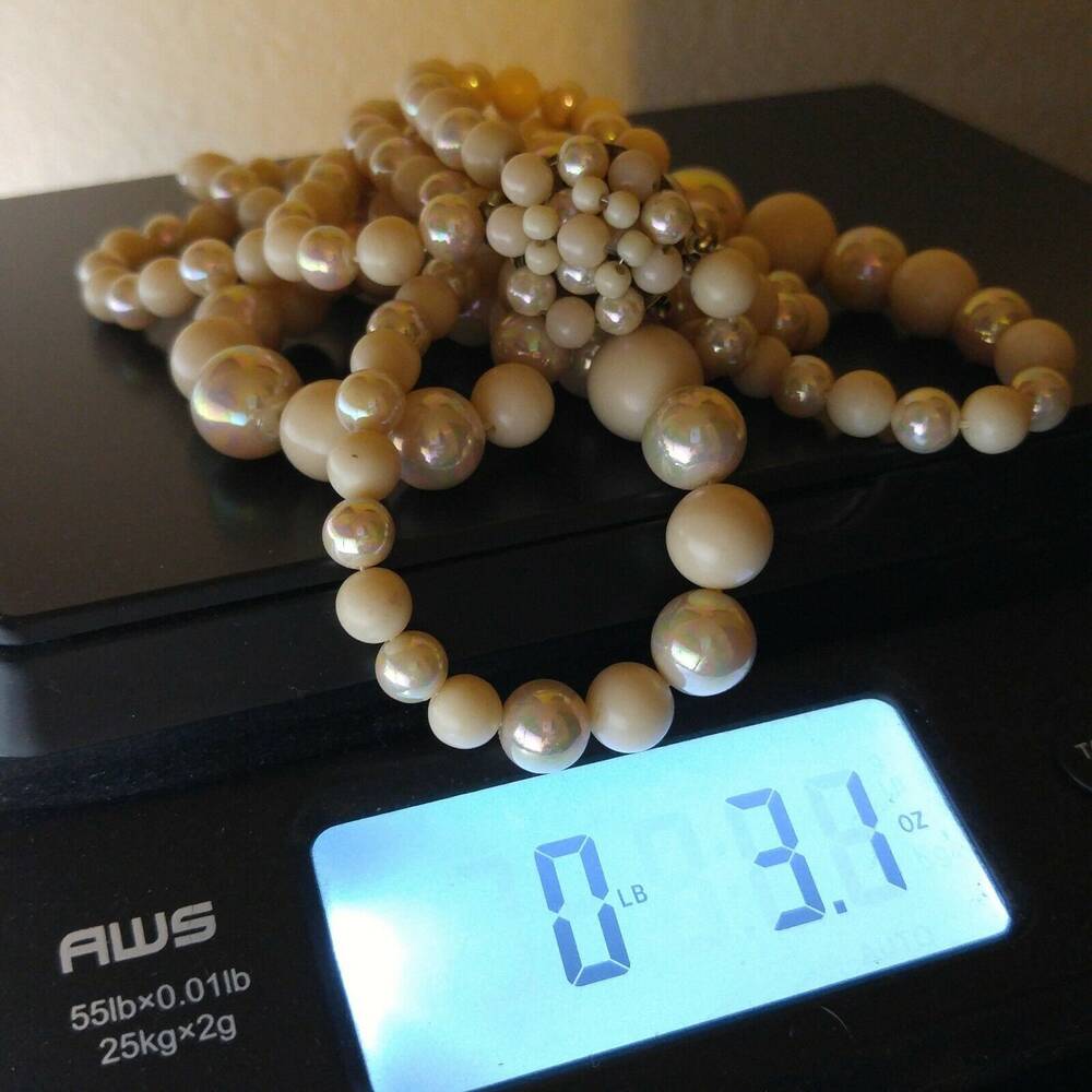 Vintage Mid Century Beige Iridescent Glass Beaded Necklace, 3 Strands, Box Clasp - Picture 7 of 8